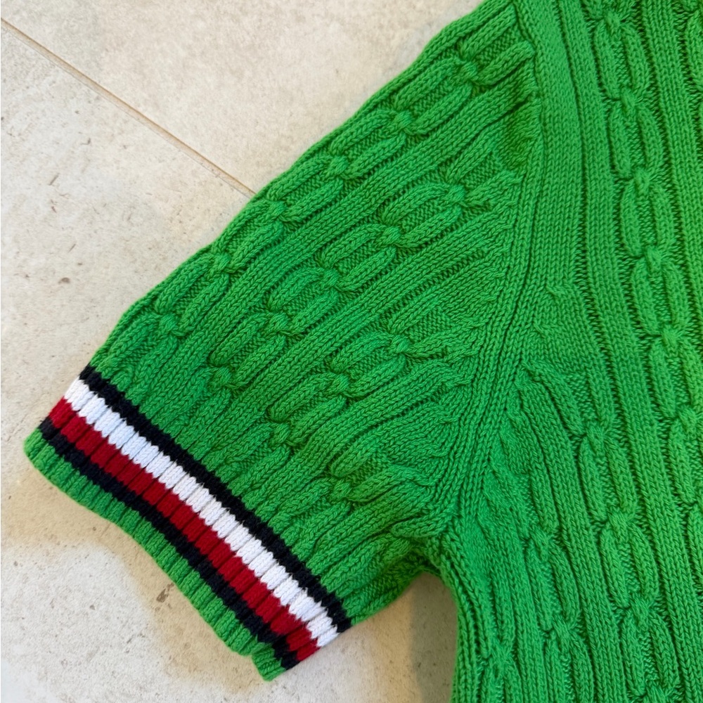 Tommy Hilfiger Kelly Green Cable-Knit Short Sleeve Sweater with Striped Trim /M - Picture 2 of 10
